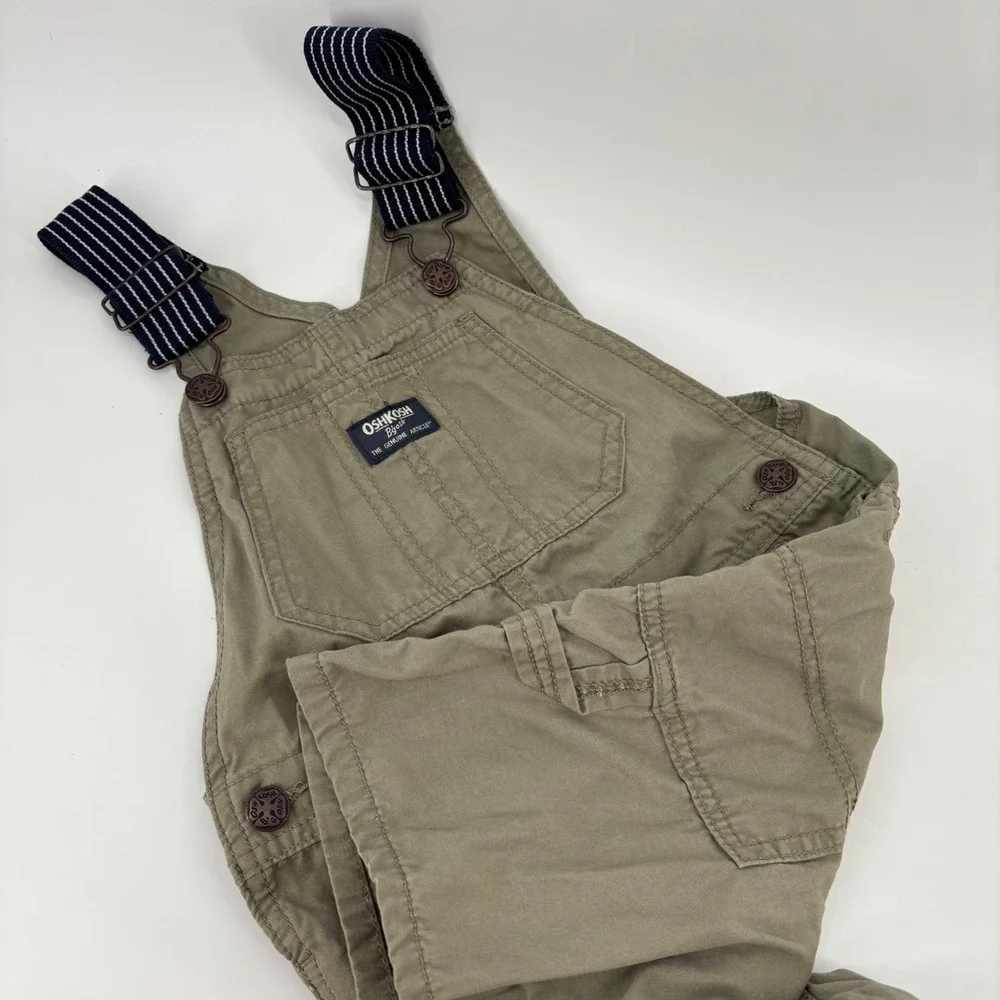OshKosh B'gosh Kids Canvas Overalls 5T Olive Green Vestbak Striped Straps Gorp
